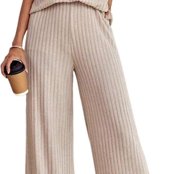 Womens Summer Casual 2 Piece Crochet Set with Wide Leg Pants and Crewneck Top - Picture 1 of 5